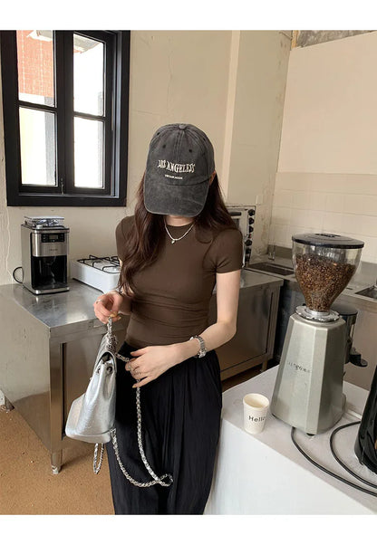 Basic Solid Crop Top Short Sleeve Crewneck Skinny T-shirt Summer Casual Tee for Women Y2K Vintage Top Harajuku Streetwear