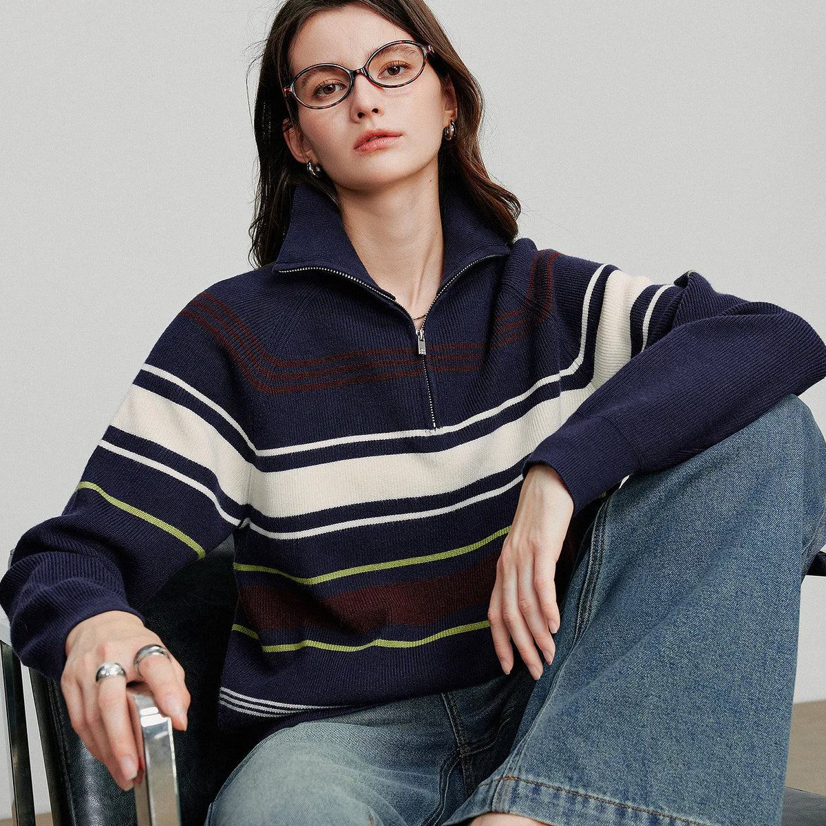 TOYOUTH Women Knitted Sweater 2026 Autumn New Fashionable Style Striped Zipper High Collar Woolen Pullover Sweater Tops
