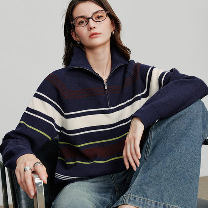 TOYOUTH Women Knitted Sweater 2026 Autumn New Fashionable Style Striped Zipper High Collar Woolen Pullover Sweater Tops