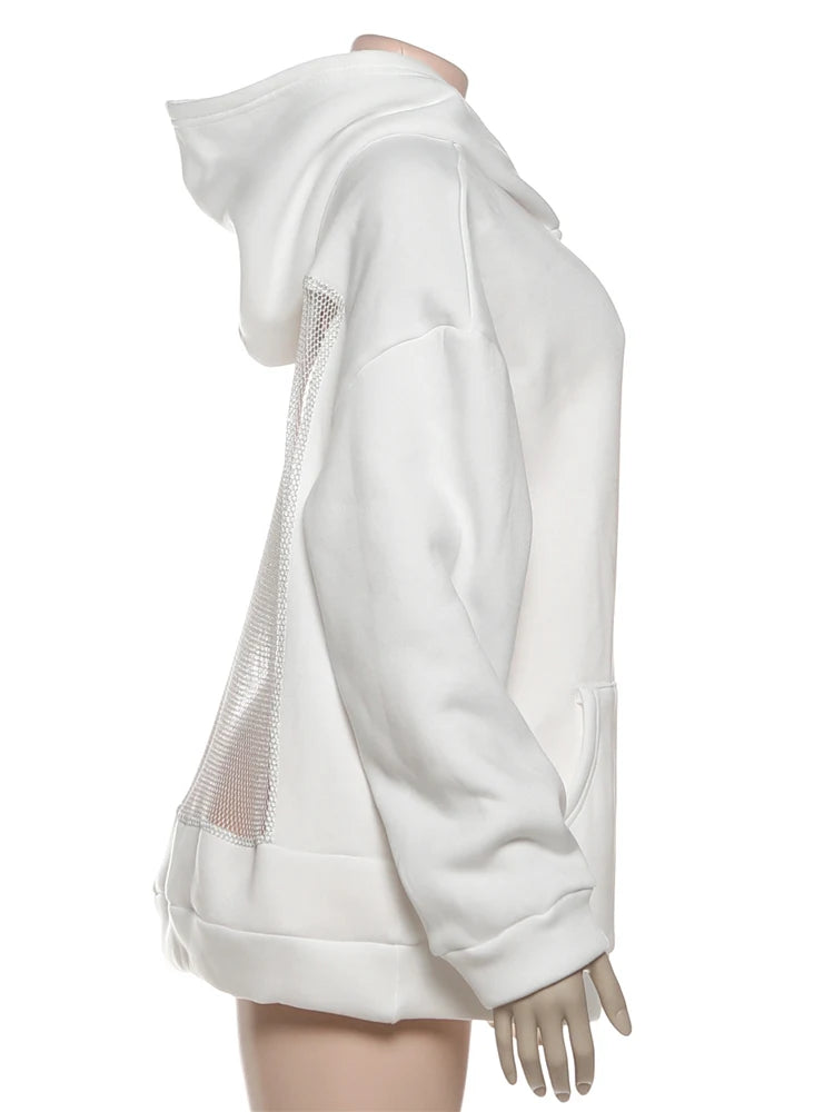 Sisterlinda Hooded Harajuku Sweatshirt Women Autumn Trend Backless ShinyThrea Mesh Patchwork Casual Street Hipster Pulloverr