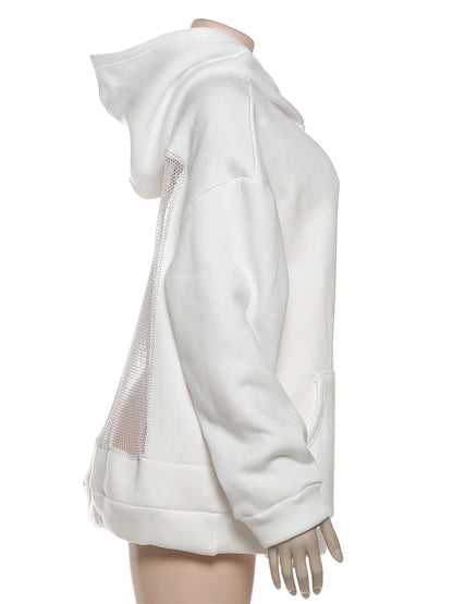 Sisterlinda Hooded Harajuku Sweatshirt Women Autumn Trend Backless ShinyThrea Mesh Patchwork Casual Street Hipster Pulloverr