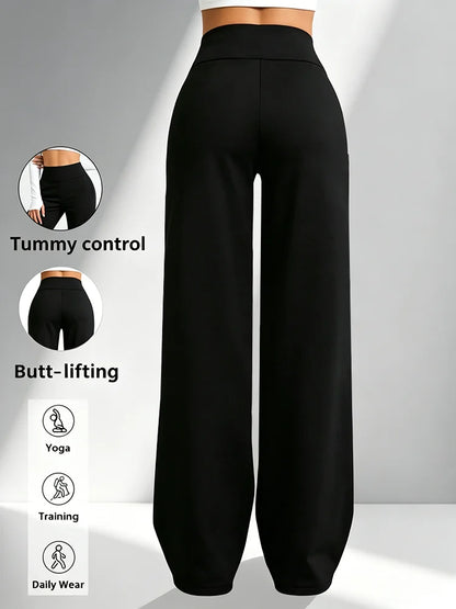 Women's High-Waisted Wide-Leg Workout Pants, Black Classic Yoga Pants, Straight-Leg Jogging Pants, for Fitness and Daily Casual