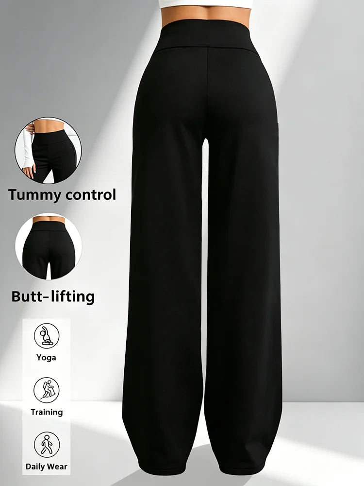 Women's High-Waisted Wide-Leg Workout Pants, Black Classic Yoga Pants, Straight-Leg Jogging Pants, for Fitness and Daily Casual