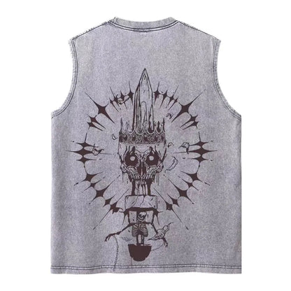 Harajuku Retro Sleeveless T-Shirts Streetwear Vintage Washed Anime One Piece Graphic Print Men Vest Tops Tees Retro Oversize