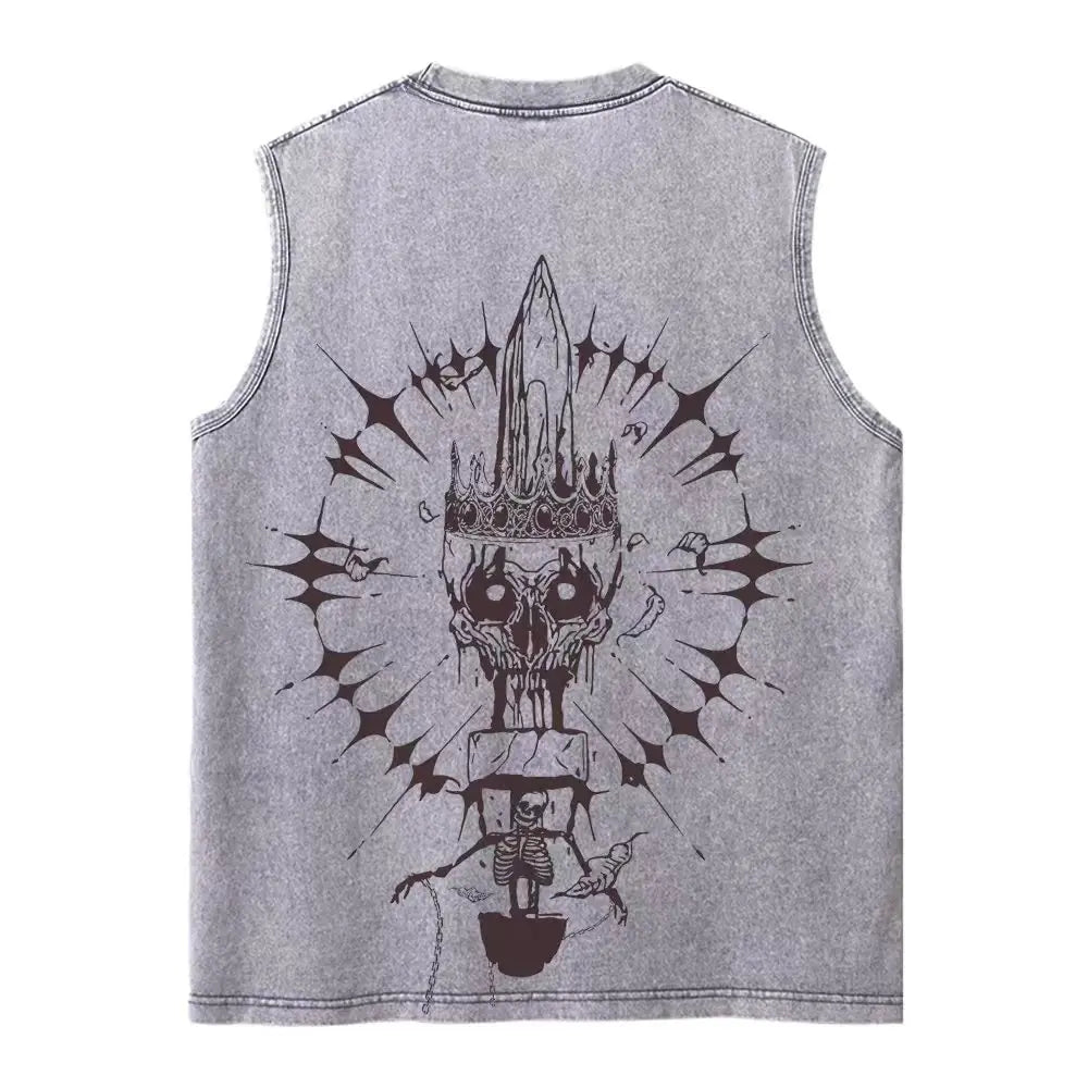 Harajuku Retro Sleeveless T-Shirts Streetwear Vintage Washed Anime One Piece Graphic Print Men Vest Tops Tees Retro Oversize