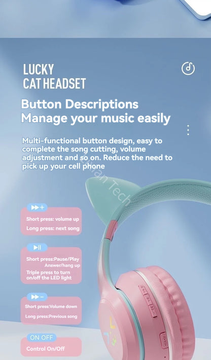 RGB Luminous Cat Ears Wireless Bluetooth Headphones With Microphone Headset Gamer Girl Call Noise Reduction Hifi Sale Handfree