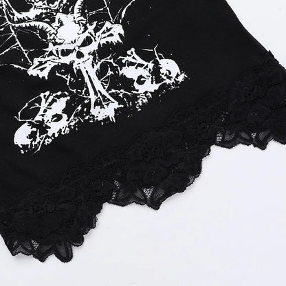 AltGoth Gothic Punk Camis Women Streetwear Harajuku Y2k Grunge Graphic Bat Printed Lace Patchwork Crop Tank Top with Chain Femme