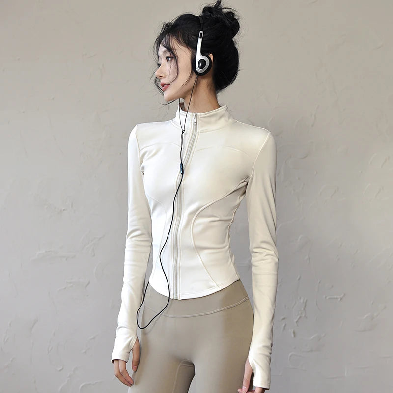 Women Sports Jacket - Long Sleeve Zip Fitness Shirt With Turn-Down Collar