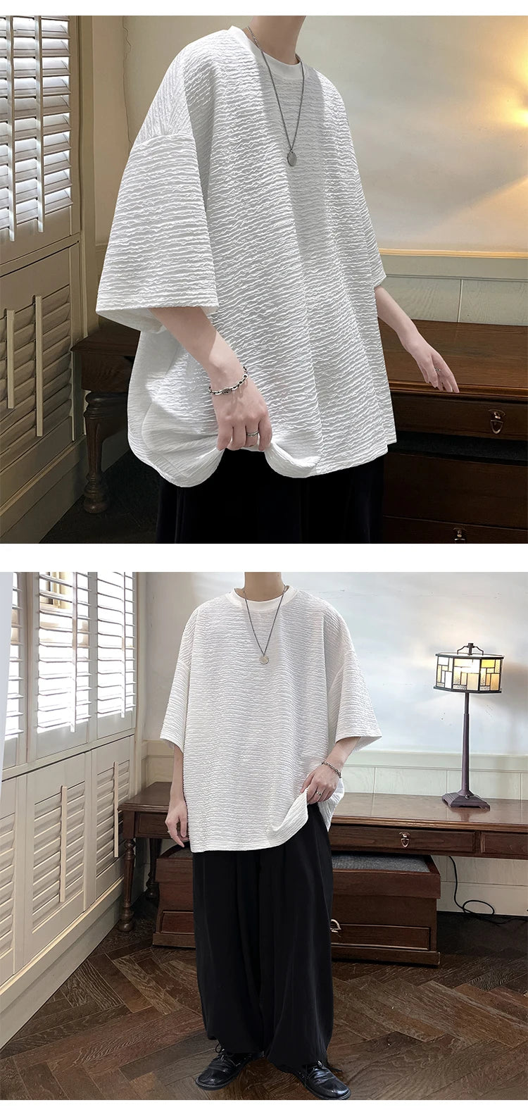 Summer Striped Texture T Shirt Men Korean Style Short Sleeve Loose  Fashion Casual Easy-care Tshirt Oversized Tops White/Black