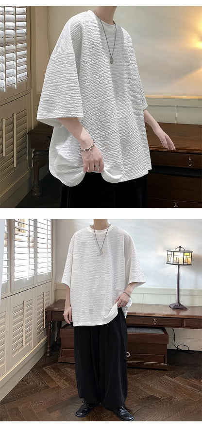 Summer Striped Texture T Shirt Men Korean Style Short Sleeve Loose  Fashion Casual Easy-care Tshirt Oversized Tops White/Black