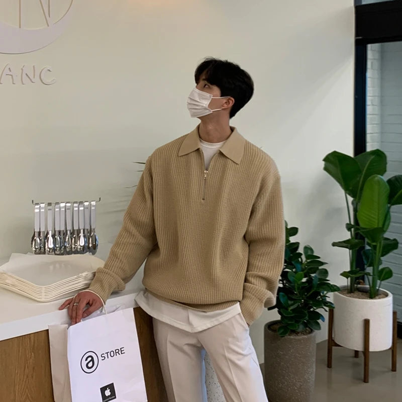 Winter Lapel Sweater Men Warm Fashion Casual Knit Pullover Men Korean Loose Zipper Long Sleeve Sweater Mens Jumper Clothes