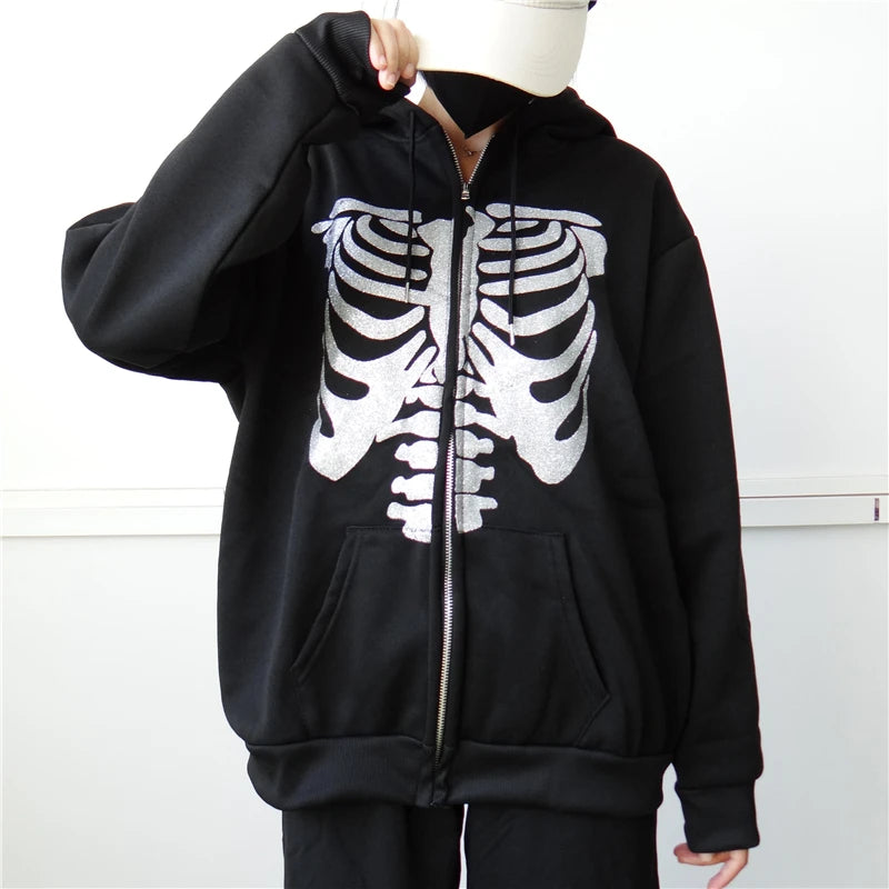 Y2K Rhinestone Cobweb Zip Up Oversized Sweatshirt 2022 Autumn Goth Hoodie Men Women Grunge Hooded Jacket Streetwear Y2K Clothing