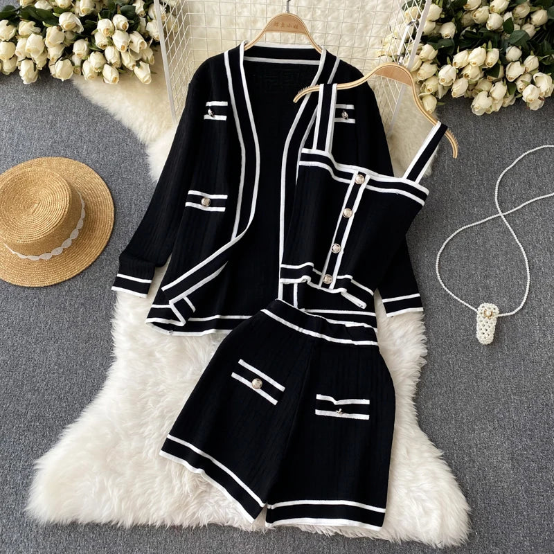 SINGREINY Autumn Knitwear 3PC Sets Long Sleeves Cardigan+Single Breasted Spaghetti Strap+High Waist Elastic Shorts Casual Suits
