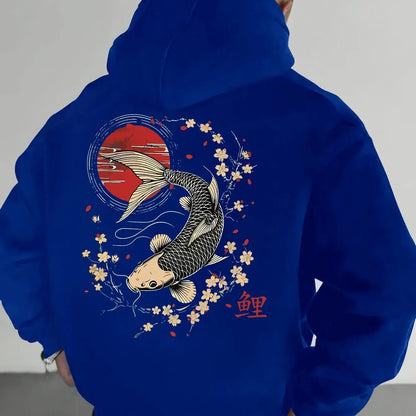 Men's Pullover Hoodie with Japanese Koi, Cherry Blossom and Chinese Character (koi) Design, Loose-fitting Casual Sweatshirt.