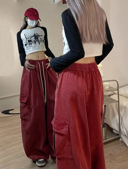 Cargo Pants Women Solid Color Japanese Loose Thin Straight Wide-leg High Waist Trousers High Street Basics Casual Pants Female