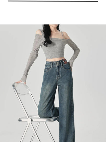 Women's Narrow Cut Wide Leg Jeans With High Waist And Hanging Feeling Straight Leg Casual Look Slim Contrasting Colors Pants