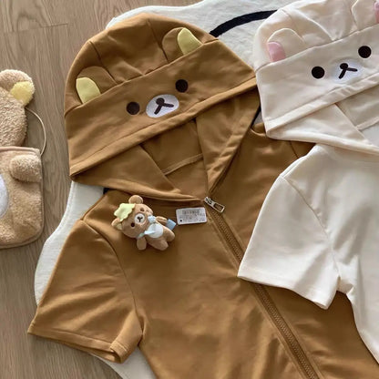 Spring Summer New Cute Bear Ears Zip Up Hoodie Japanese Sweet Girl Casual Loose Sweatshirt Women Cardigan Anime Hoodie Y2k Top