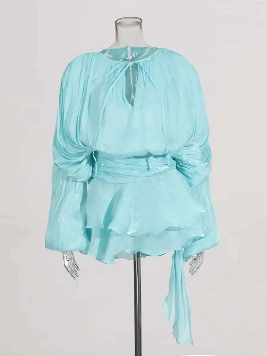 Mini Blouse Dress - Women's V Neck Long Sleeve Lace Up Sweet Style Above Knee