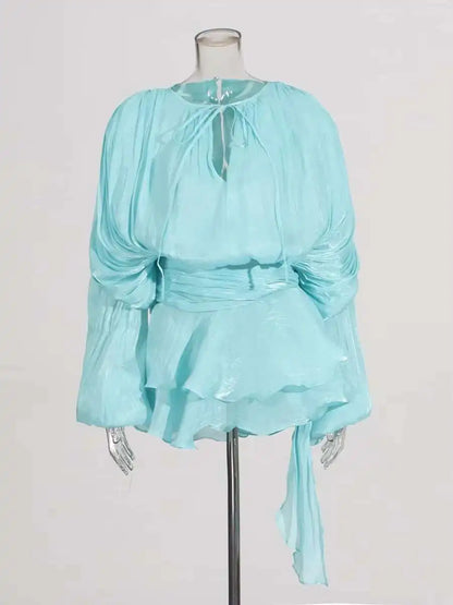 Mini Blouse Dress - Women's V Neck Long Sleeve Lace Up Sweet Style Above Knee
