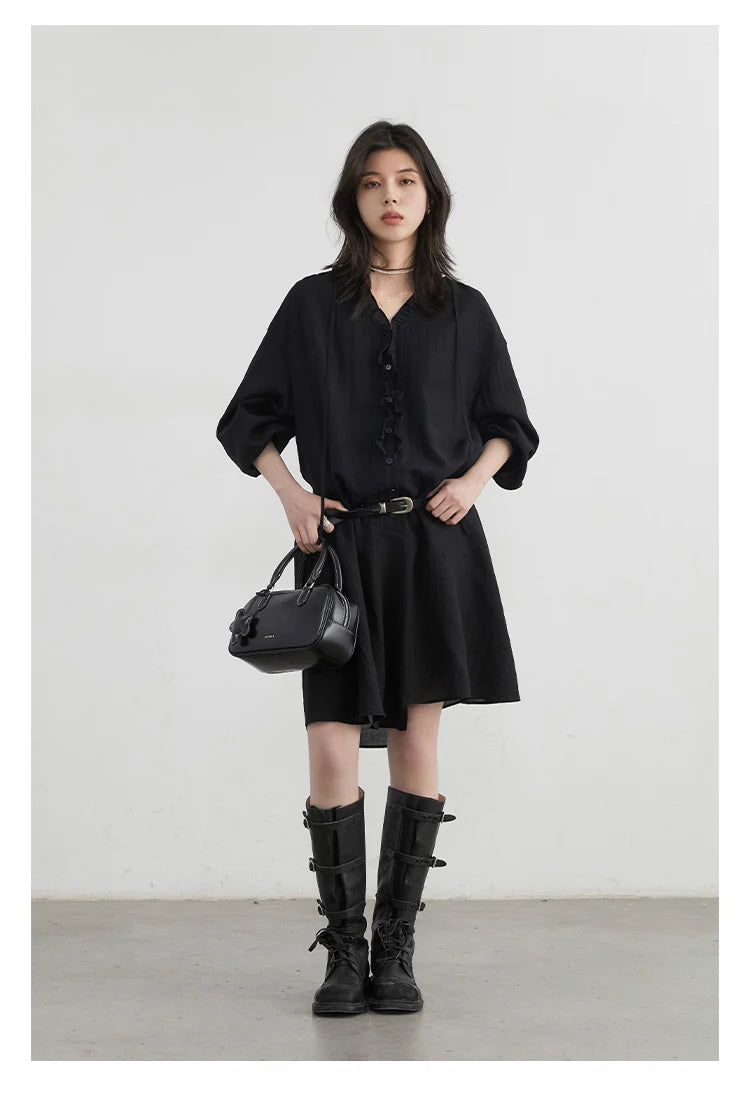 Women Loose Dress - Casual V-Neck Long Sleeve A-Line Knee Dress With Ruffled Lantern Sleeves