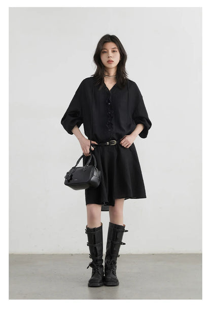 Women Loose Dress - Casual V-Neck Long Sleeve A-Line Knee Dress With Ruffled Lantern Sleeves