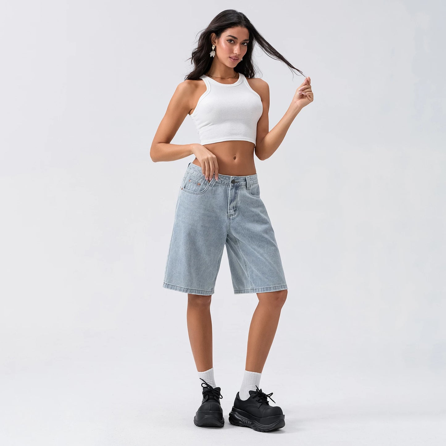 New Fashion Womens Knee Length Denim Shorts Loose Solid Color Low Rise Wide Leg Long Shorts With Pockets For Summer S-2XL