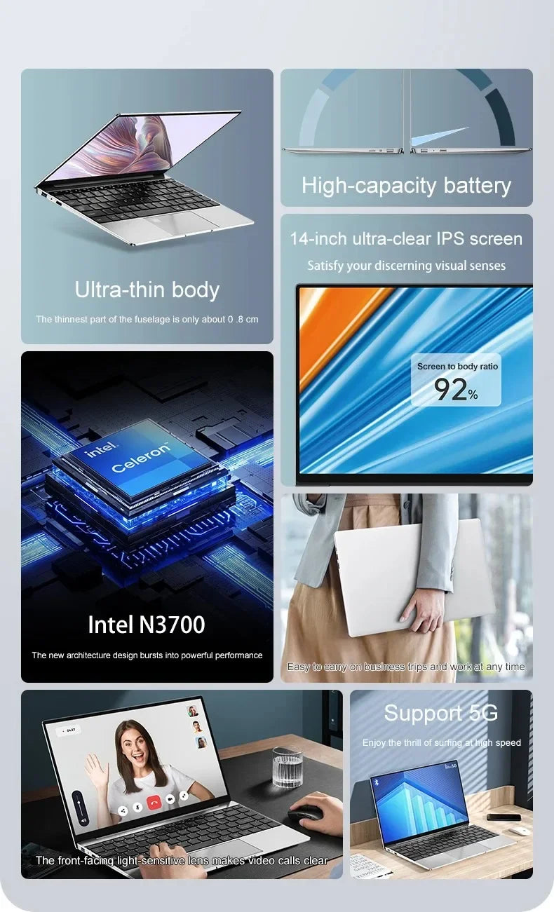Ultra Slim Laptop 14 Inch Notebook - 16GB RAM, 2TB SSD, Intel Pentium N3700, Windows 11 Pro
