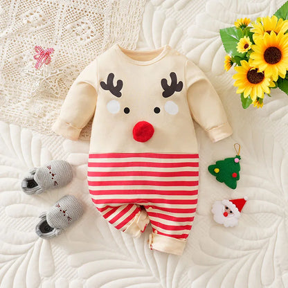 Baby Romper Cotton - Newborn Unisex Velvet Santa Elk Long Sleeve 0-18 Months