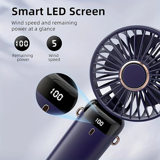 Portable Mini Fan With 6 Speeds LED USB Rechargeable Charging Small Foldable Battery Fans Handheld Desk Bedroom Indoor Outdoor