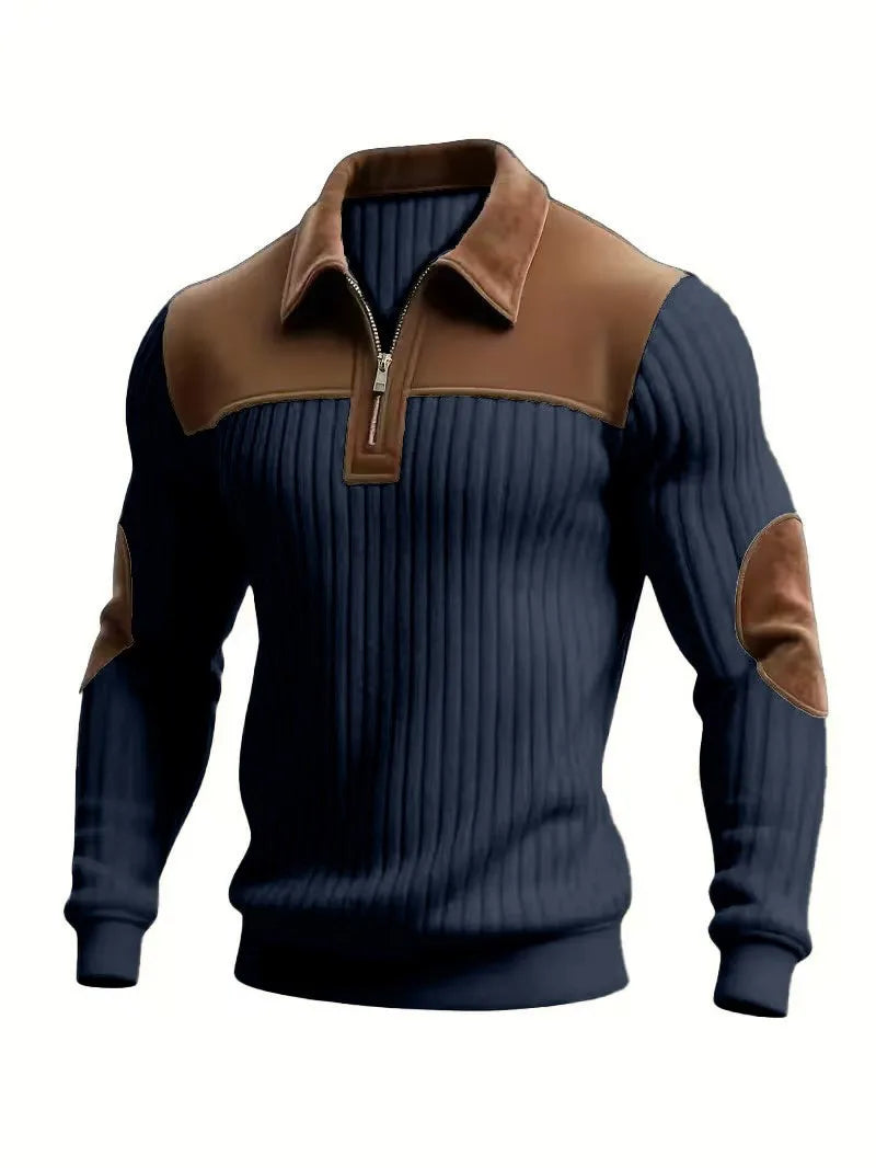 New Arrival Men Color Block Corduroy Collar Ribbed Long Sleeve Half Zip Polo Sweater Elbow Patches Casual Pullover Sweatshirts