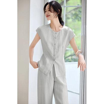 SENTUBILA Women's Linen Trouser Suit Summer Two Pieces Matching Set Women Button Shirt Straight Pant Sets 2026 Outfits 152ZA0094
