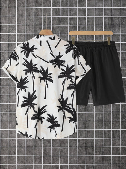 2-pack, men's short-sleeved button-down shirt with a lapel and printed pattern, paired with drawstring pants, for trendy, casual
