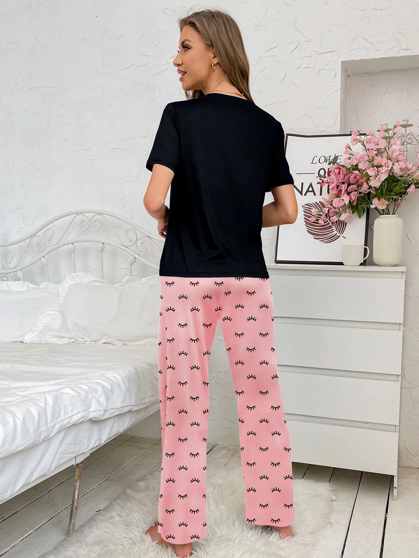 Women's new style home wear letter pattern short-sleeved blouse printed trousers two-piece casual pajamas set
