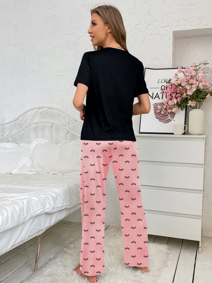 Women's new style home wear letter pattern short-sleeved blouse printed trousers two-piece casual pajamas set