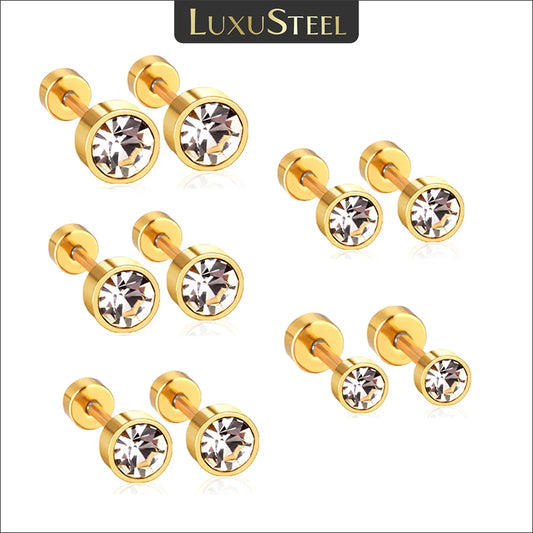 Twist-Back Cubic Zirconia Stud Earrings – Stainless Steel (3–7mm)