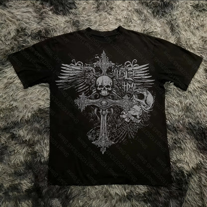 Summer Classic Y2K Gothic Style T-shirt Print Oversized T Shirt High Street Shirts Round Neck Cotton Tops Mens Women T Shirt Tee