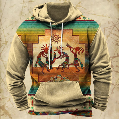 Men Hooded Vintage Print  Sweatshirt Ethnic Style Hoodie Autumn and Winter Oversized Casual Men's Clothing Daily Street Pullover