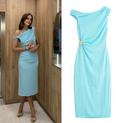ETJ 2025 summer new  women's elegant sexy fashion metal buckle inlaid asymmetrical pleated MIDI dress