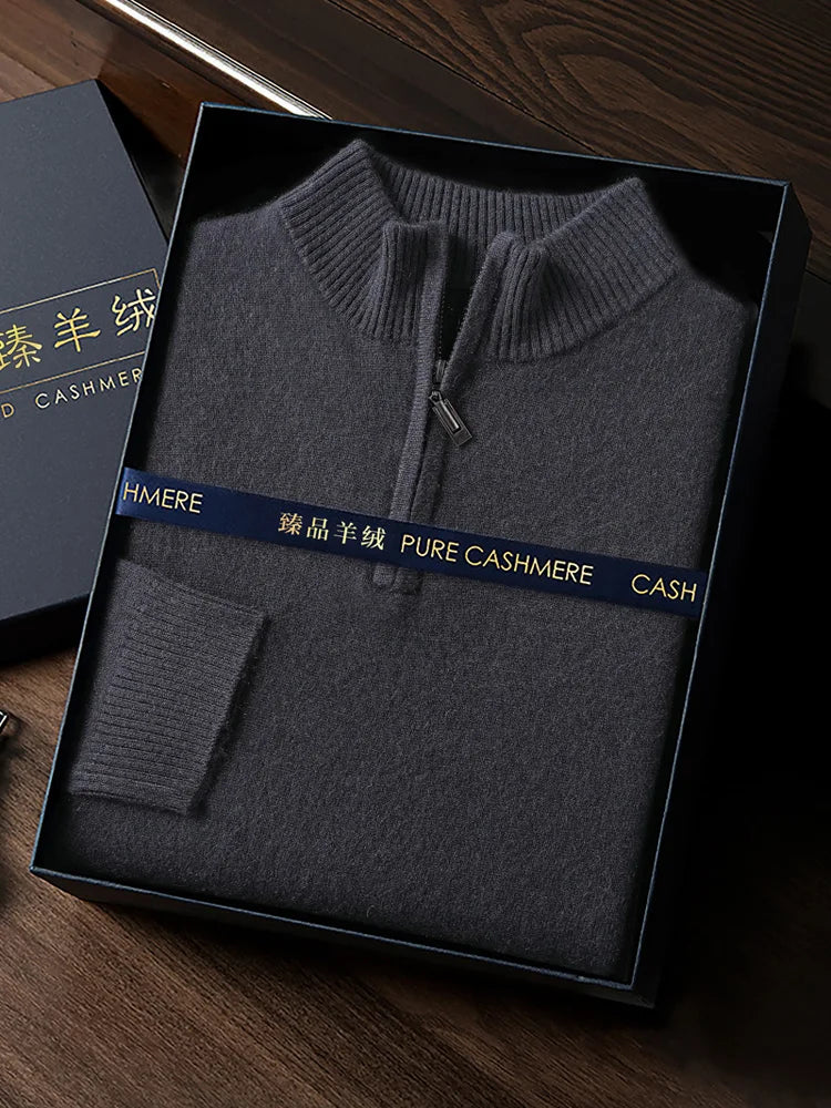 CHICUU Men's 100% Cashmere Sweater Zipper Pullover Mock Neck Long Sleeve Basic Cashmere Knitwear Autumn Winter Clothing Tops