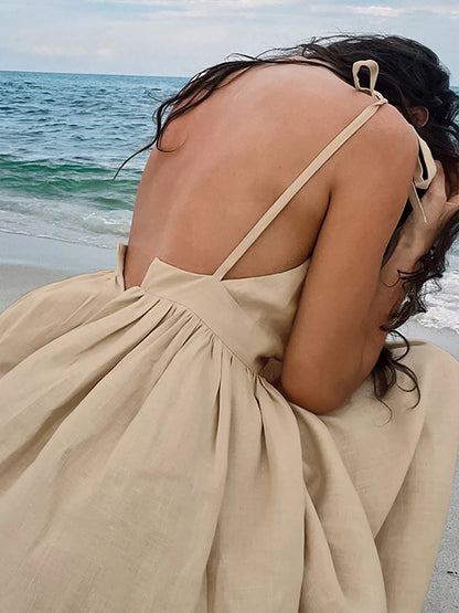 Aynaray 2024 Spring Summer Women Holiday Solid Backless Dress V-neck Spaghetti A-Line Flare Midi Dress For Women