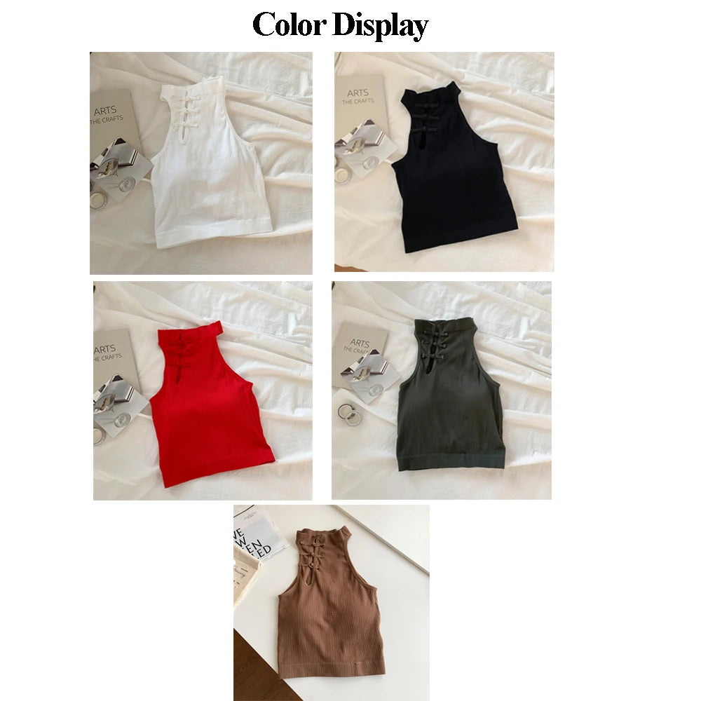ITOOLIN Women Vintage Chinese Button Tank Tops With Bra Pad Halter Tops O-Neck Elegant Crop Tops Off Shoulder Tops For Women