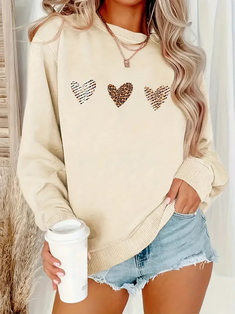 Hooded Leopard Heart Print Pullover Casual Long Sleeve Crew Neck Sweatshirt for Autumn and Winter Women Graphic Retro Y2K Top