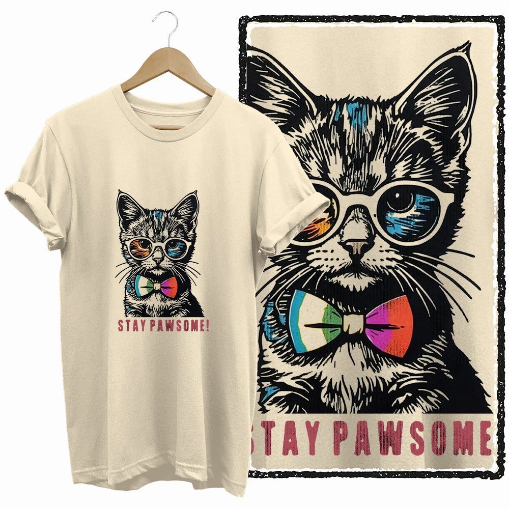 COOLMIND BEIGE cat print exclusive graphic 100% cotton women T shirt big size loose cotton cat lover women tshirt LOVELY cat tee