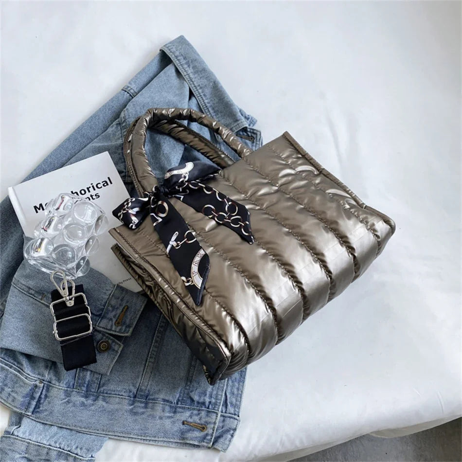Women's Tote Bag - Quilted Crossbody Padded Shoulder Tote with Silk Scarf Accent