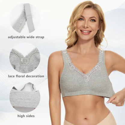Sheroine Women's Floral Lace Cotton Bra Plus Size Wire-Free Non-Foam Comfort Wide Straps Full Coverage Sleep Underswear
