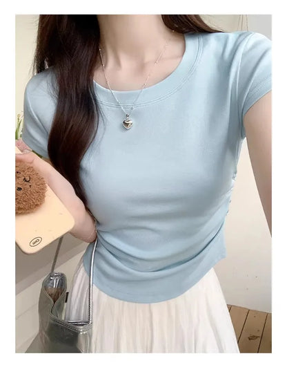 Women's Basic Solid Crop Top Short Sleeve Crewneck Skinny T-shirt Summer Casual Y2K Vintage Harajuku Streetwear
