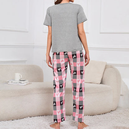 Women's Short Sleeve Crew Neck Top With Shorts And Pants 3 Piece Loungewear Sleepwear Lounge Sets Nighty Print Casual Pajama Set