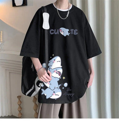 Men's Cotton T-shirts White Men Oversized T Shirt Anime Shark Print Summer Casual Wear 5XL Tee Shirts Big Size Male Clothes