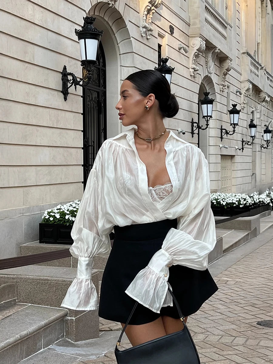 Bornladies Autumn Women's Fashionable Loose Collared Shirt Office Lady Solid Color Versatile Flare Sleeve Top Long Sleeved Shirt