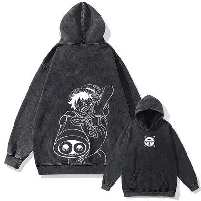 Japanese Anime One Piece Print Pullover Men Washed Hoodie Sweatshirt Cotton Harajuku Streetwear Vintage Hooded Hoodie Unisex